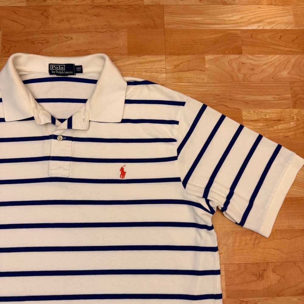 Vintage Polo Ralph Lauren Mens 2XLT Tall White Navy Blue Striped Pique Polo